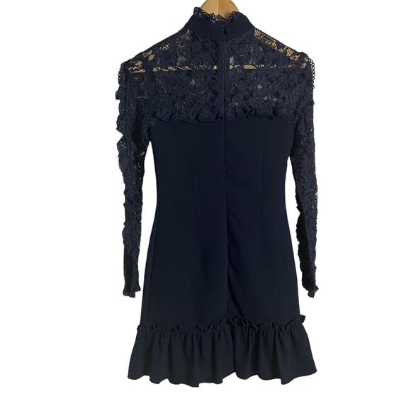 Nicholas Navy Blue Ruffle Trim Lace Long Sleeve Mini Dress Size 2 - Picture 12 of 14